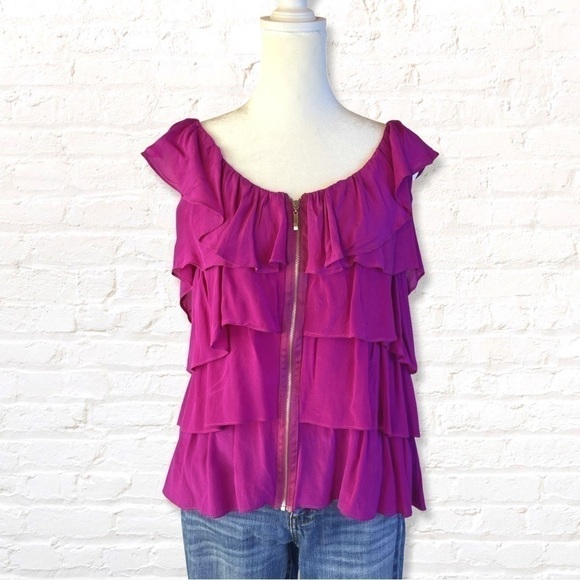 🎁 3 for $30 Bellatrix Fuchsia Silk Ruffled Top With Front Zipper - Picture 7 of 7